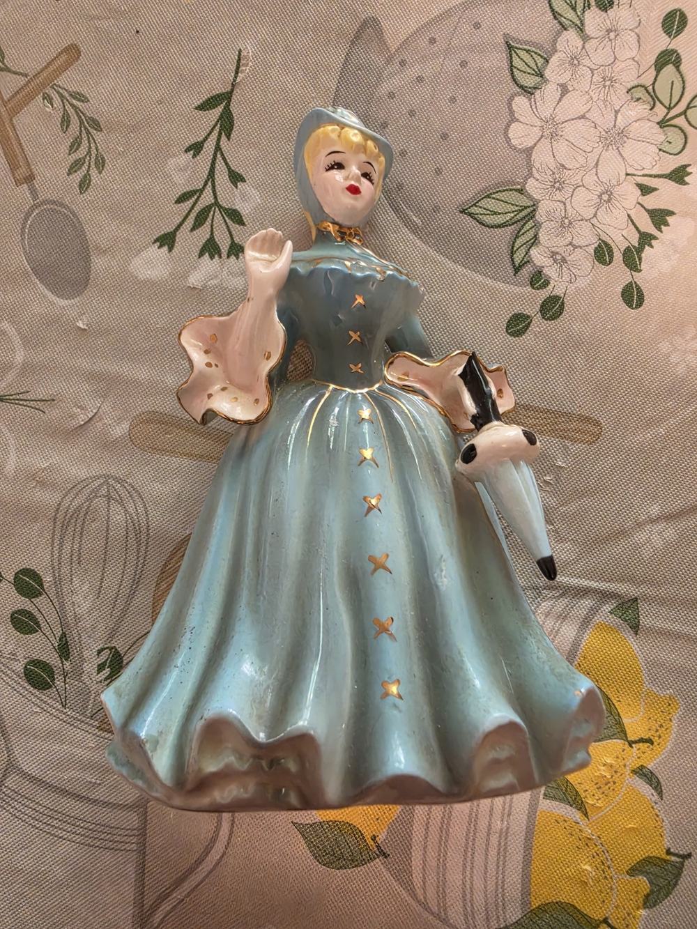 Vintage Ceramic Lady Figurine in Powder Blue with Gold Accents